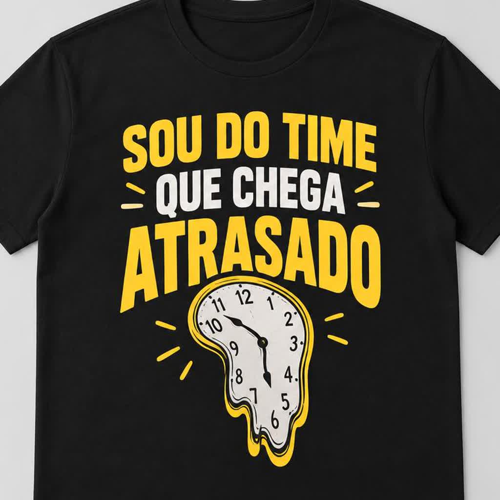 Detalhe da estampa SOU DO TIME QUE CHEGA ATRASADO