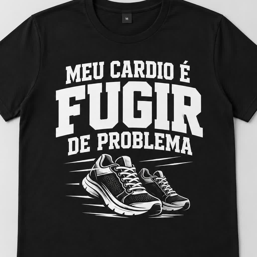 Detalhe da estampa MEU CARDIO É FUGIR DE PROBLEMA