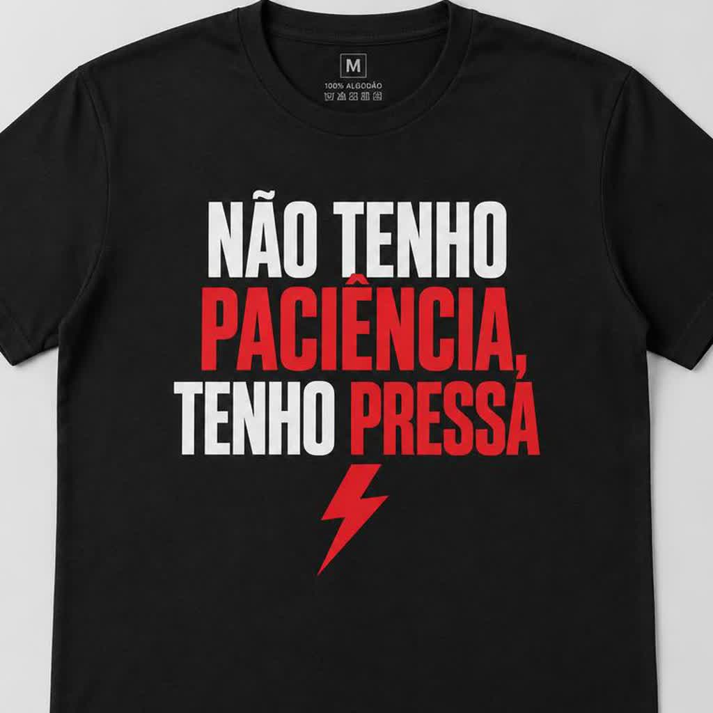 Detalhe da estampa NÃO TENHO PACIÊNCIA, TENHO PRESSA